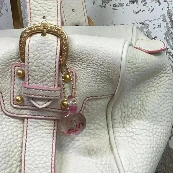 Dooney and Brourke Cream and Pink Pebbled Leather Bag Vintage Marchesa Satchel - Picture 5 of 16